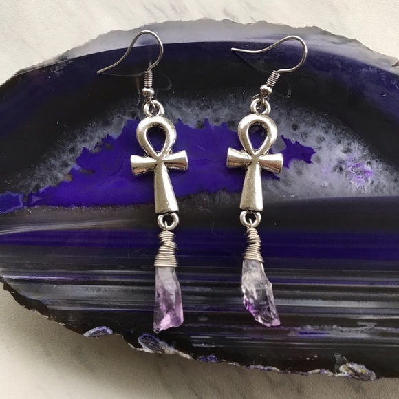 Silverskylight Jewelry - Amethyst silver plated ankh crosses earrings